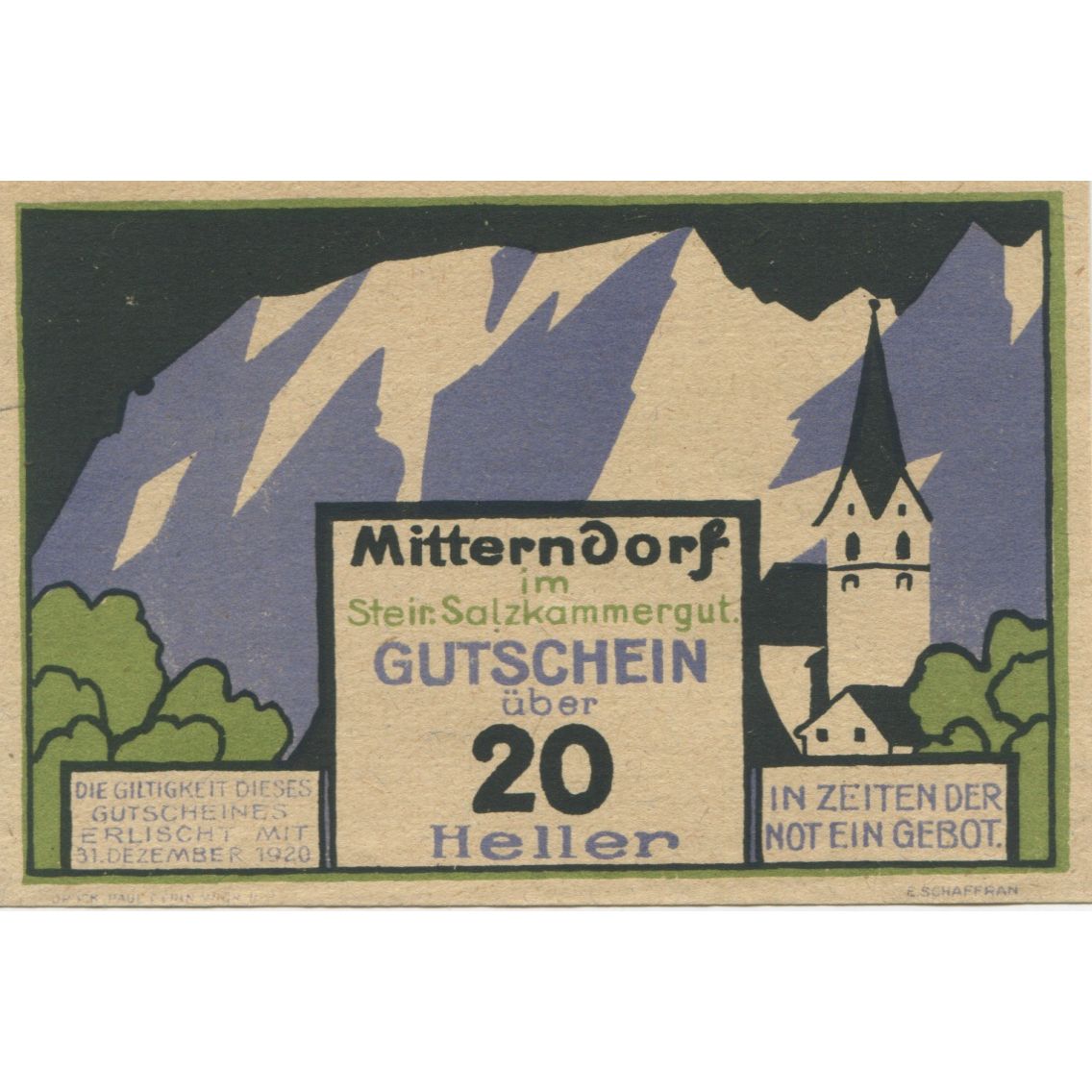 Banknote, Austria, Mitterndorf, 20 Heller, montagne, 1920 UNC(63) Mehl:FS 621Ia