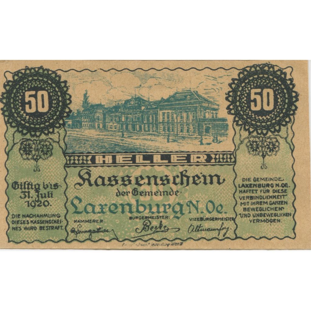 Banknote, Austria, Laxenburg, 50 Heller, château, 1920 UNC(63) Mehl:FS 507b