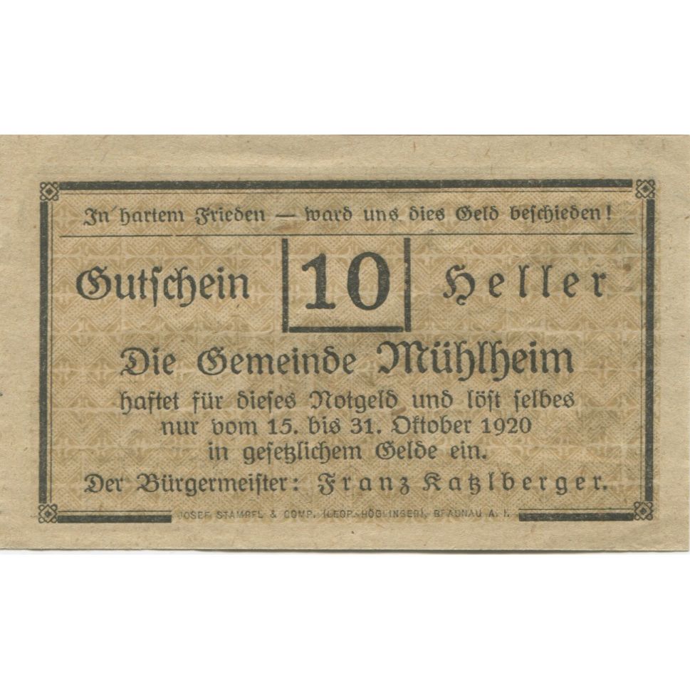 Billet, Autriche, Mühlheim, 10 Heller, château 1920-10-31, SPL, Mehl:FS 631