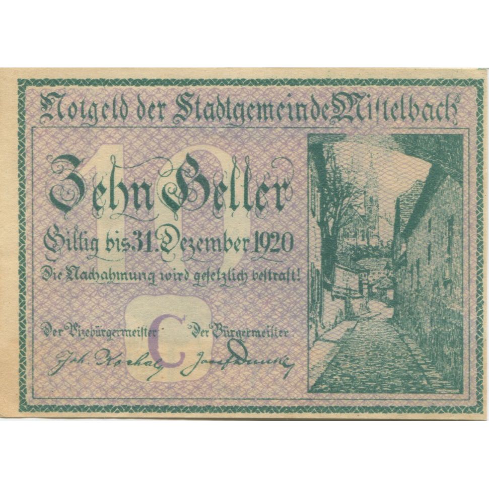 Banknote, Austria, Mistelbach, 10 Heller, ruelle, 1920 UNC(63) Mehl:FS 614c