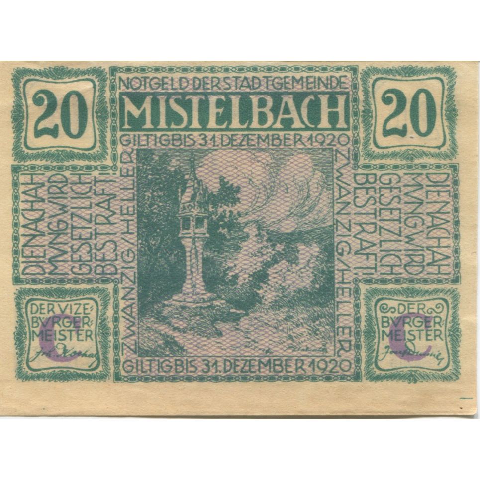 Billet, Autriche, Mistelbach, 20 Heller, Monument, 1920 SPL Mehl:FS 614c