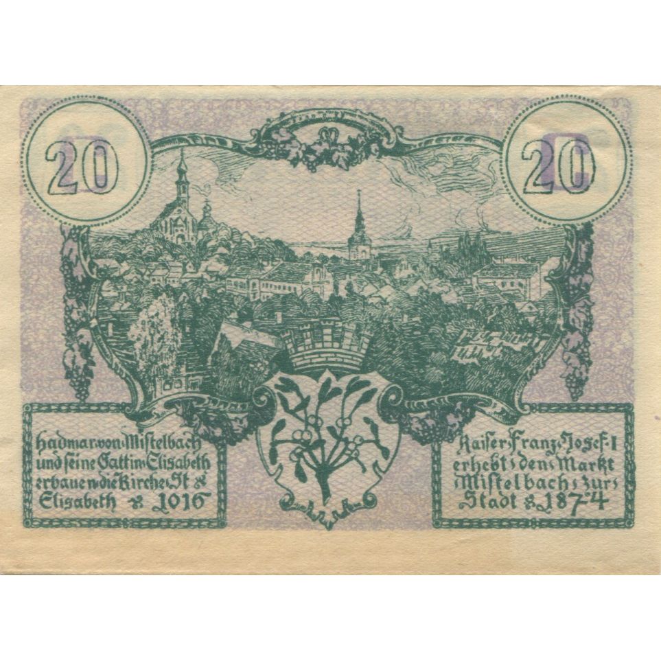 Billet, Autriche, Mistelbach, 20 Heller, Monument, 1920 SPL Mehl:FS 614c