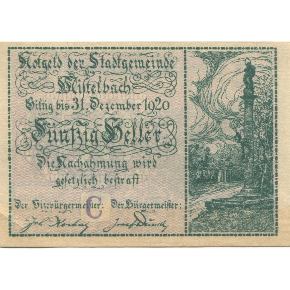 Billet, Autriche, Mistelbach, 50 Heller, rue 1920-12-31, SPL, Mehl:FS 614c