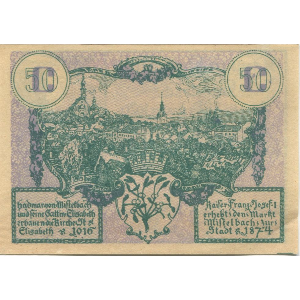 Billet, Autriche, Mistelbach, 50 Heller, rue 1920-12-31, SPL, Mehl:FS 614c