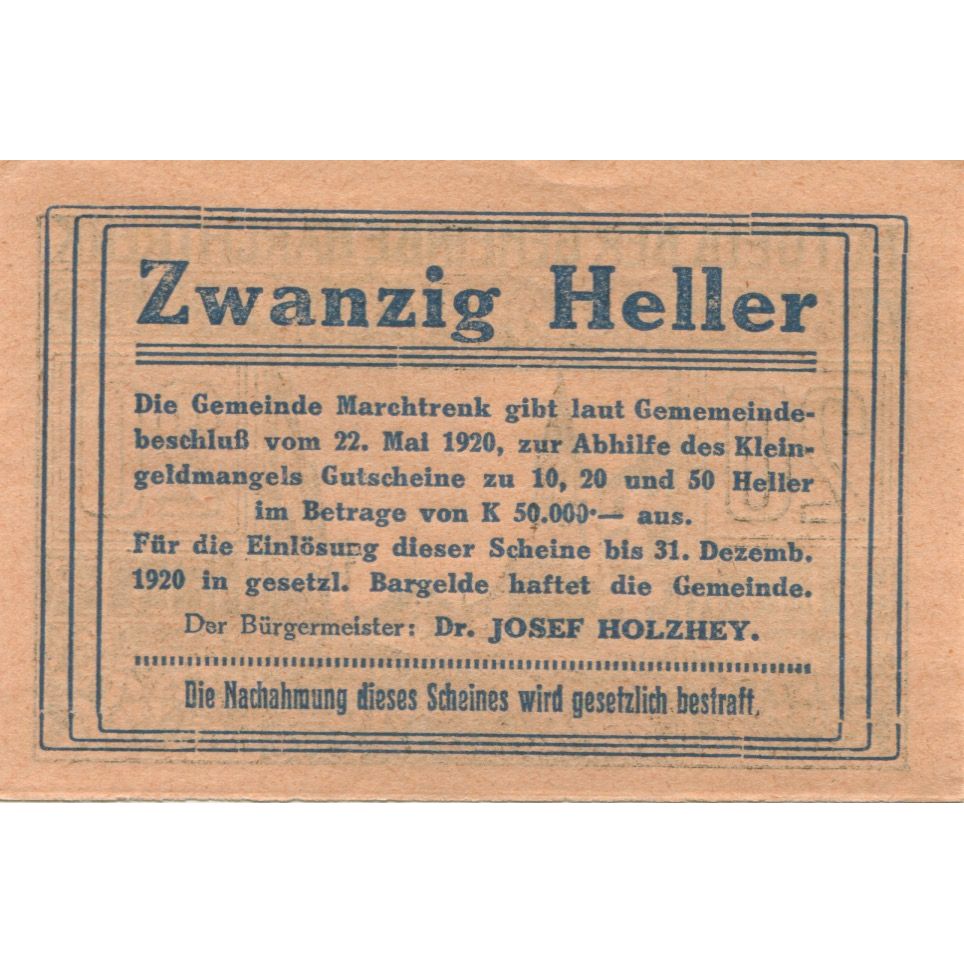 Billet, Autriche, marchtrenk, 20 Heller, Ville 1920-12-31, SPL, Mehl:FS 581c