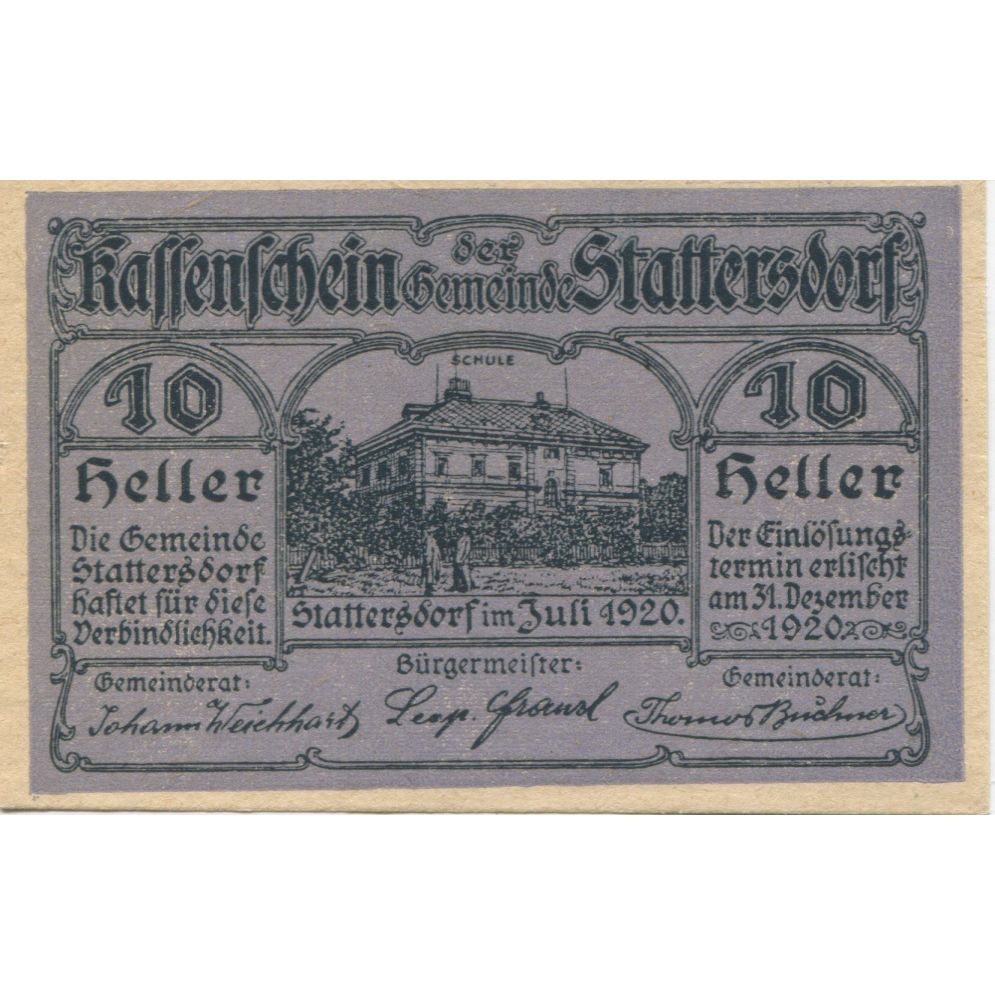 Billet, Autriche, Stattersdorf, 10 Heller, école, 1920 SPL, Mehl:FS 927