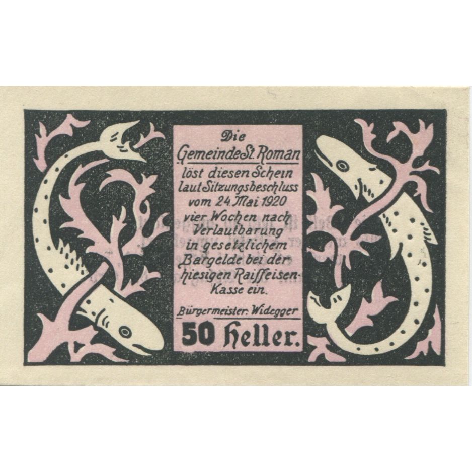 Billet, Autriche, St Roman, 50 Heller, poisson, 1920, SPL, Mehl:FS 935a