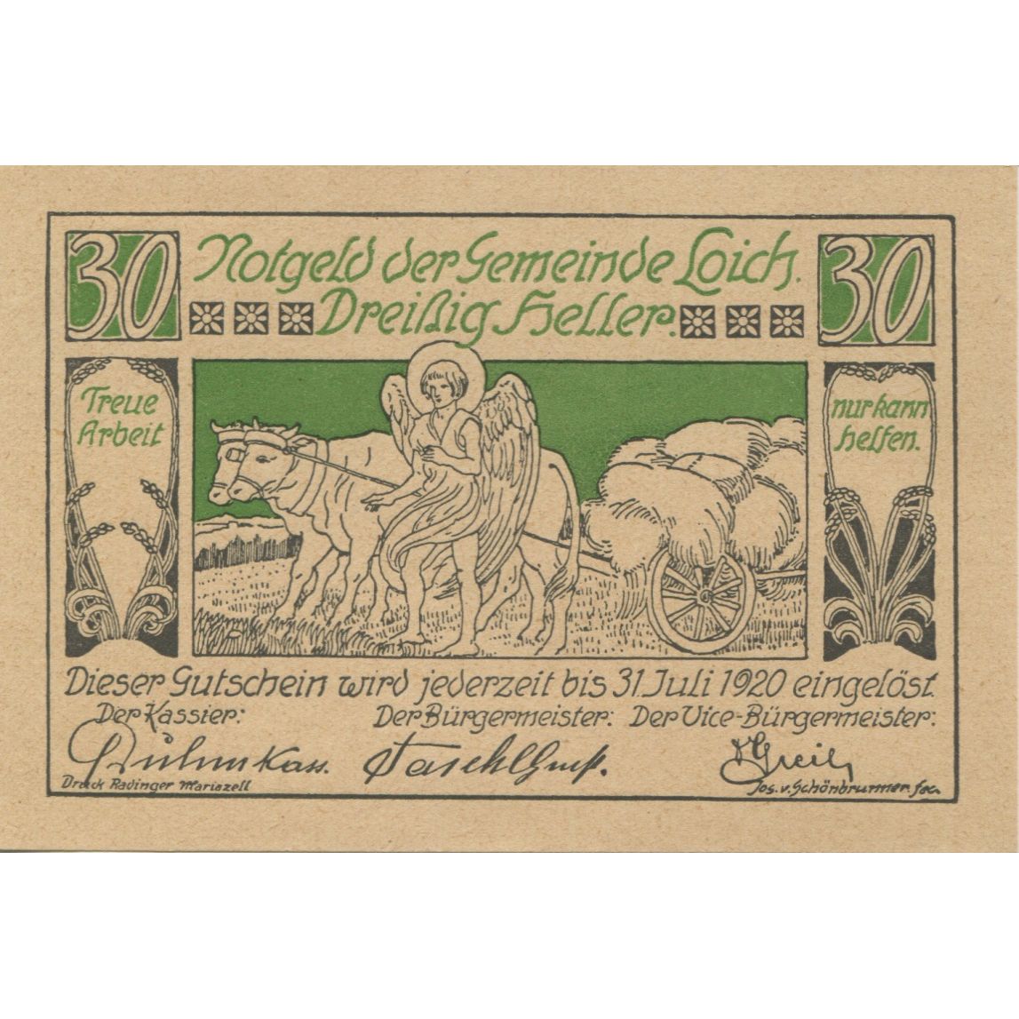 Billet, Autriche, LOICH, 30 Heller, champs 1920-07-31, SPL, Mehl:FS 562.02