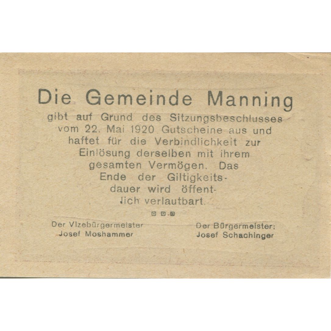 Billet, Autriche, Manning, 20 Heller, ferme 1, 1920-05-22, SPL Mehl:FS 578b