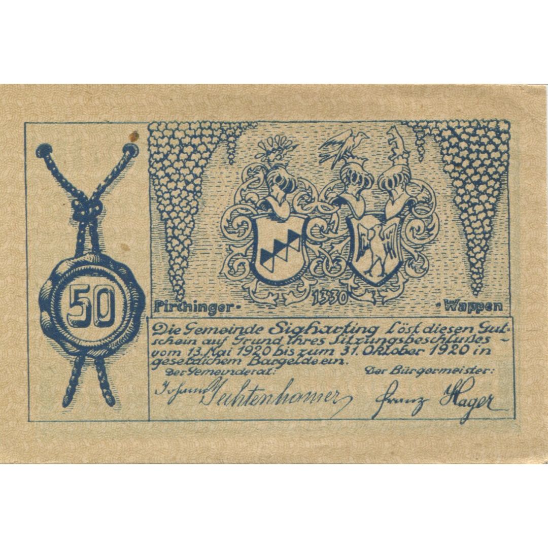 Banknote, Austria, Sigharting, 50 Heller, château, 1920 UNC(63) Mehl:FS 997a