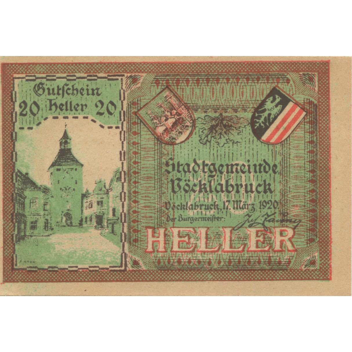 Banknote, Austria, Vocklabruck, 20 Heller, rue, 1920 UNC(63) Mehl:FS 1116IIa