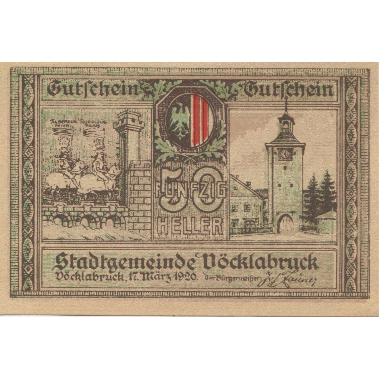 Banknote, Austria, Vocklabruck, 50 Heller, pont, 1920 UNC(63) Mehl:FS 1116IIa