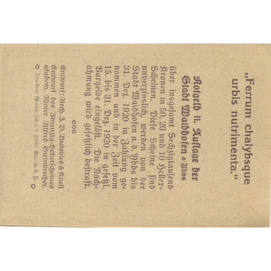 Banknote, Austria, Waidhofen, 50 Heller, Eglise, 1920, UNC(63) Mehl:FS 1127IIc