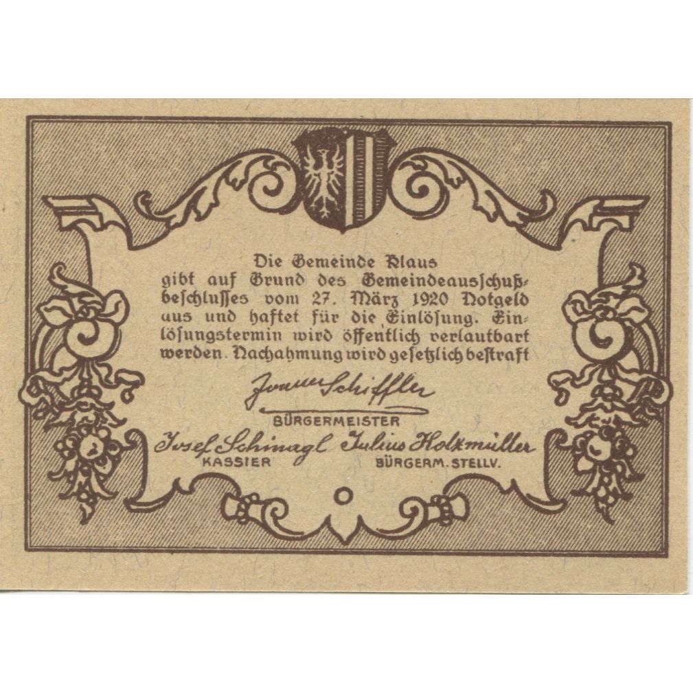 Banknote, Austria, Klaus, 20 Heller, montagne 1920-03-27, UNC(63) Mehl:FS 454Ia