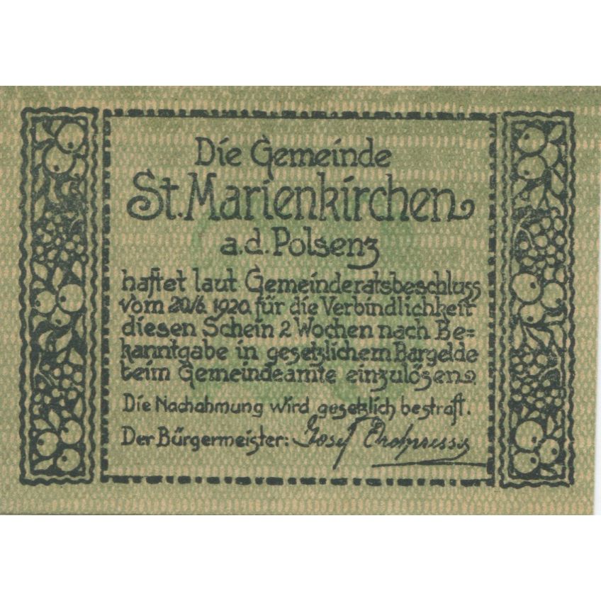 Banknote, Austria, Marienkirchen, 20 Heller chasseur 1920 UNC(63), Mehl:FS 909a