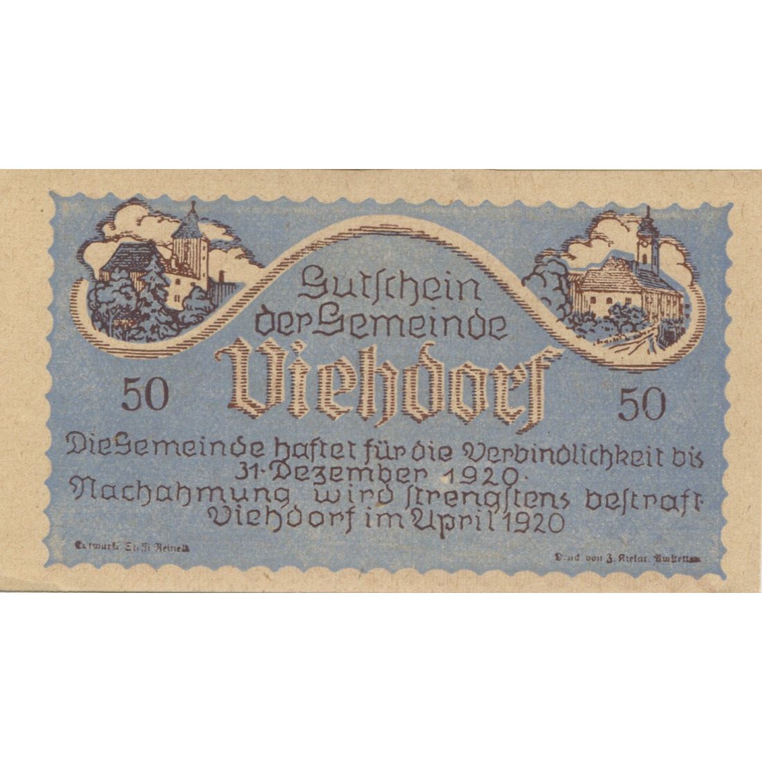 Banknote, Austria, Viehdorf, 50 Heller, Eglise, 1920 UNC(63) Mehl:FS 1111a