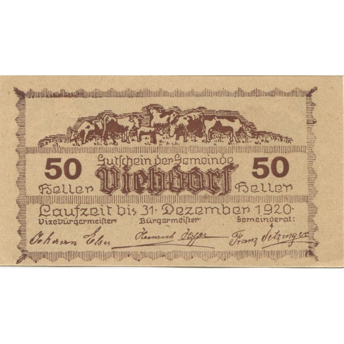 Banknote, Austria, Viehdorf, 50 Heller, Eglise, 1920 UNC(63) Mehl:FS 1111a
