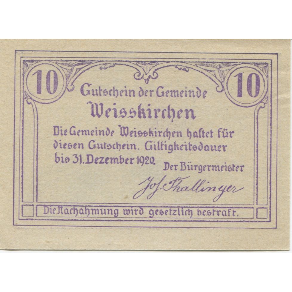 Banknote, Austria, Weisskirchen, 10 Heller face value 1920 UNC(63) Mehl:FS 1160