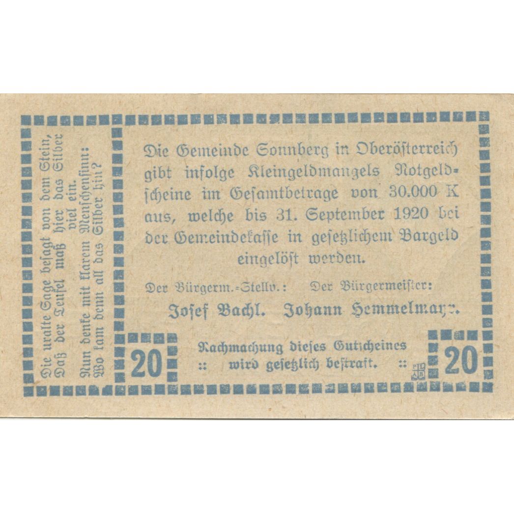 Biljet, Oostenrijk, Sonnberg, 20 Heller, ruine 1920-09-31, SPL, Mehl:FS 1003a