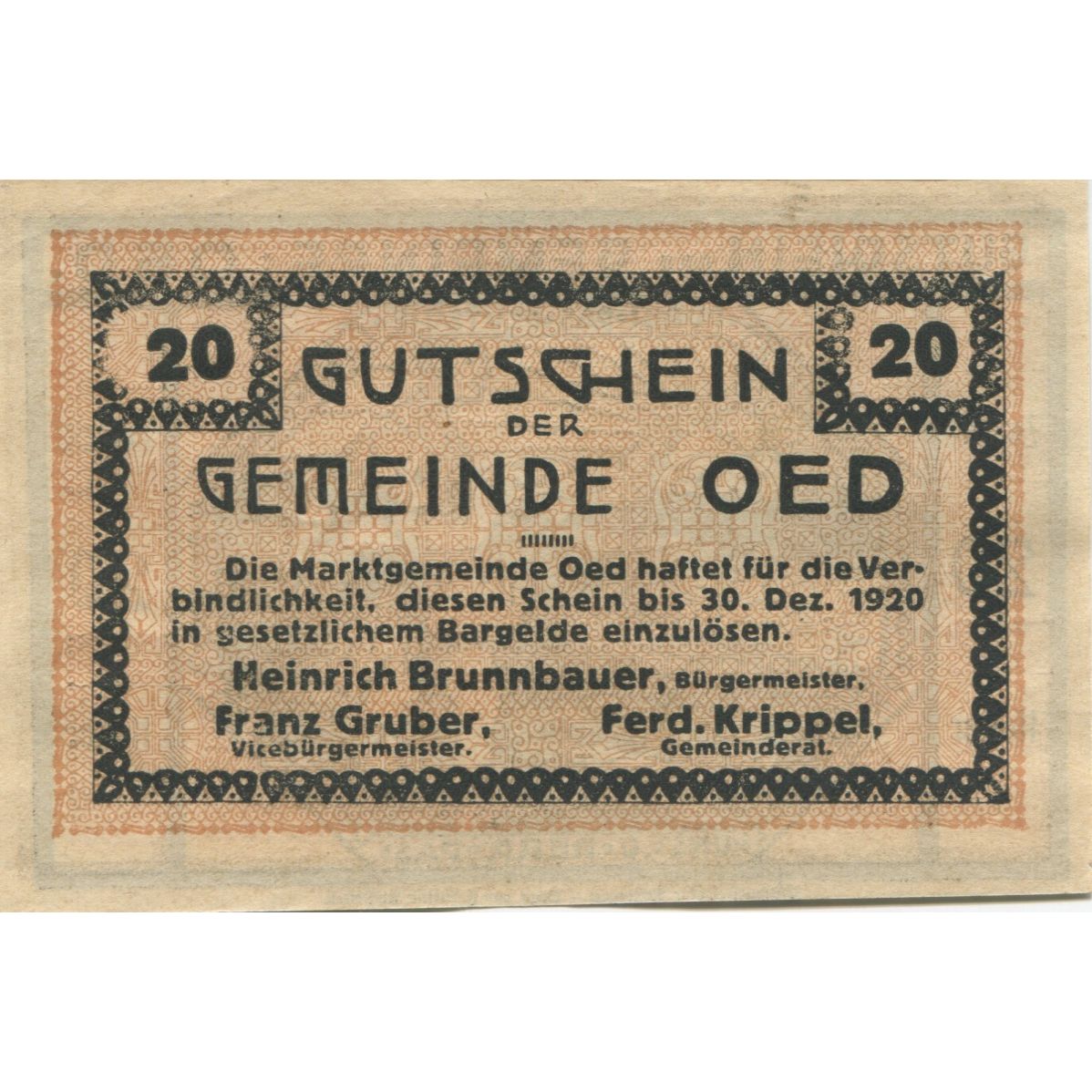 Banknote, Austria, Oed, 20 Heller, champs 1920-12-31, UNC(63), Mehl:FS 703a