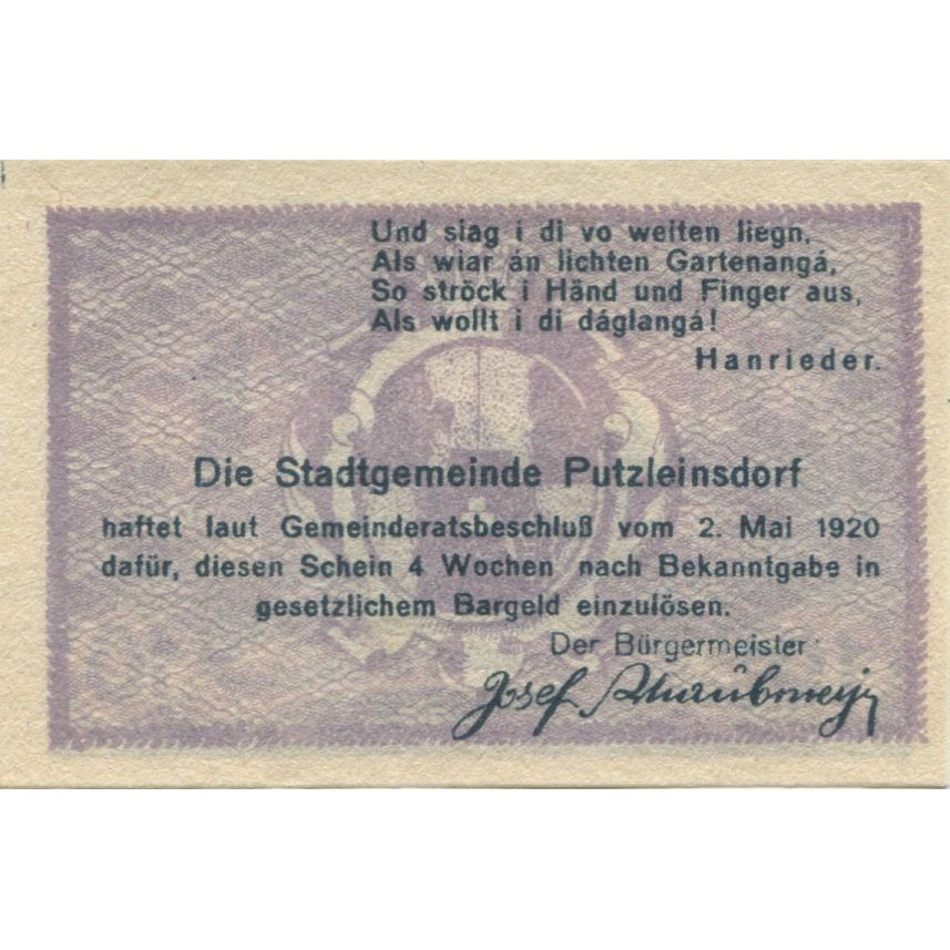 Geldschein, Österreich Putzleinsdorf 10 Heller, château 1920 UNZ-, Mehl:FS 804a