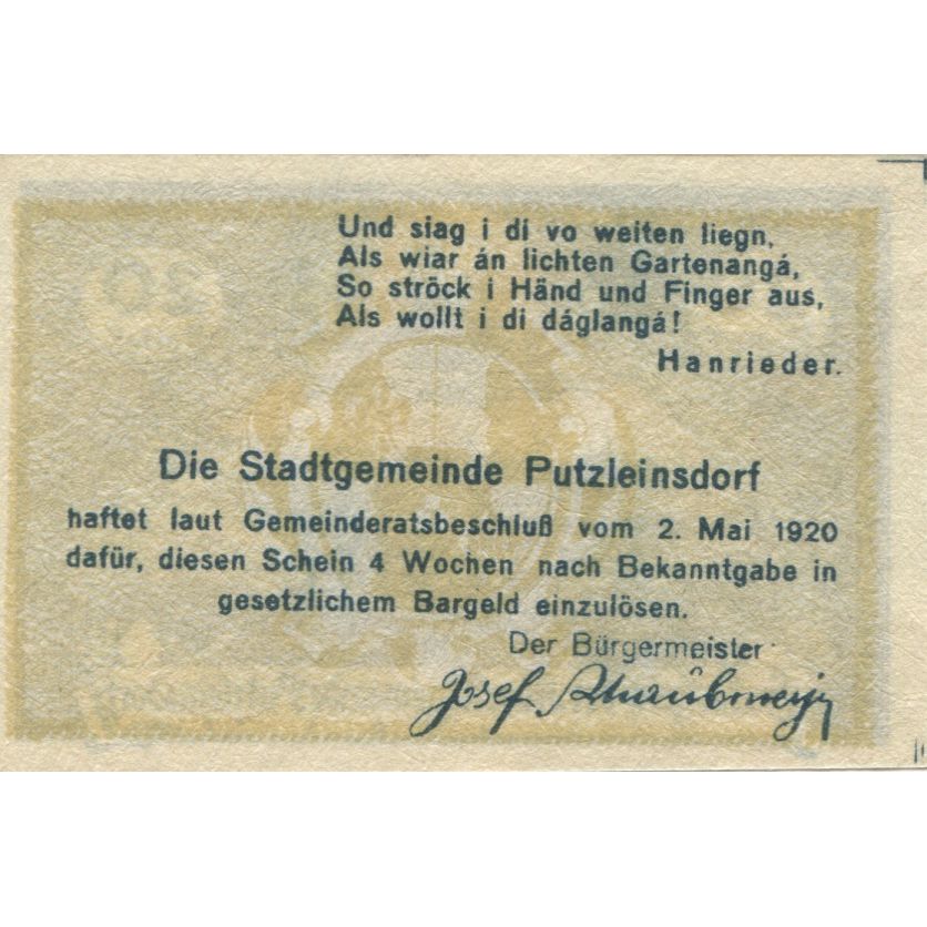 Banknote, Austria, Putzleinsdorf, 20 Heller, village, 1920 UNC(63), Mehl:FS 804a