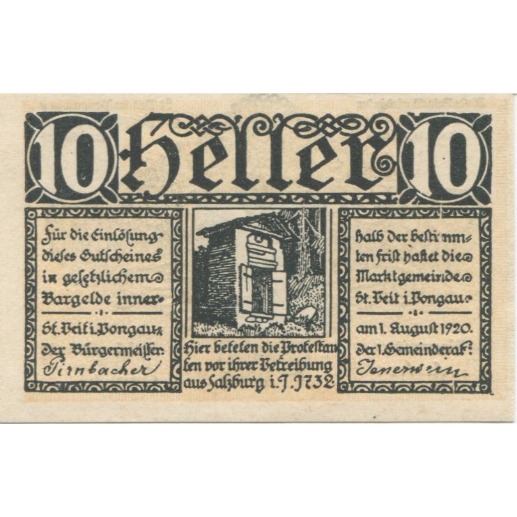 Billet, Autriche, St Veit, 10 Heller, Monument 1920-12-31, SPL, Mehl:FS 945a