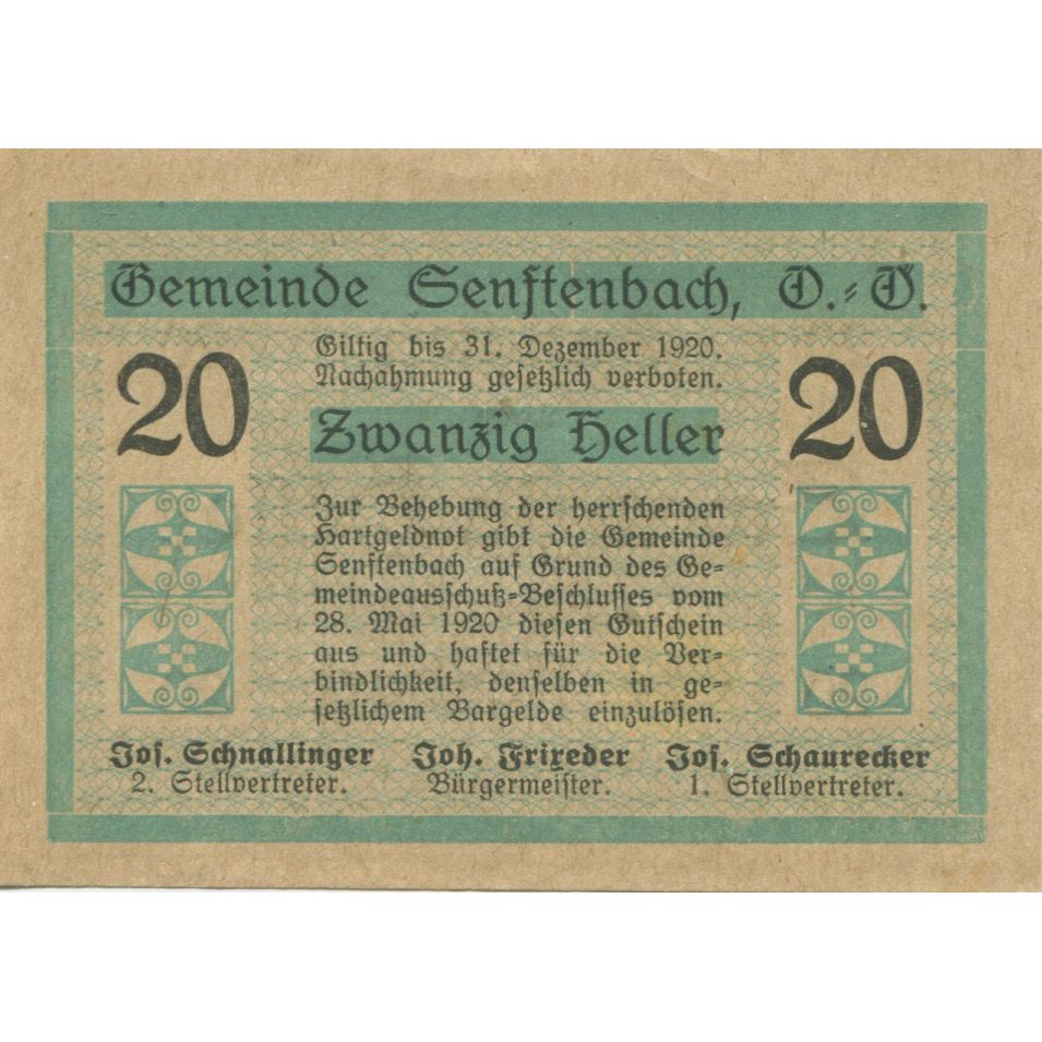 Billet, Autriche, Senftenbach, 20 Heller, valeur faciale, 1920 SPL Mehl:FS 992b