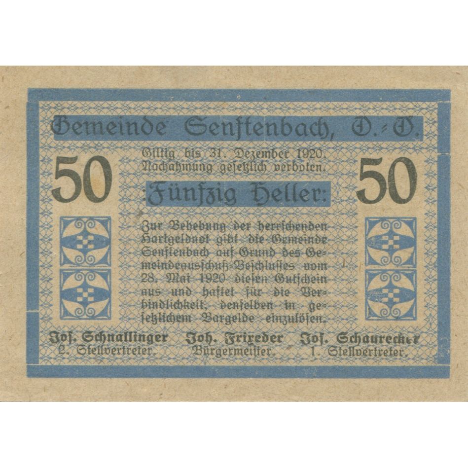 Geldschein, Österreich, Senftenbach, 50 Heller 1920 UNZ- Mehl:FS 992b