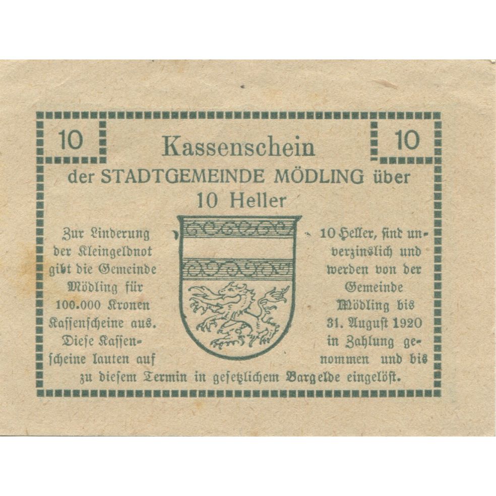 Biljet, Oostenrijk, Mödling, 10 Heller, château, 1920, SPL Mehl:FS 623.07