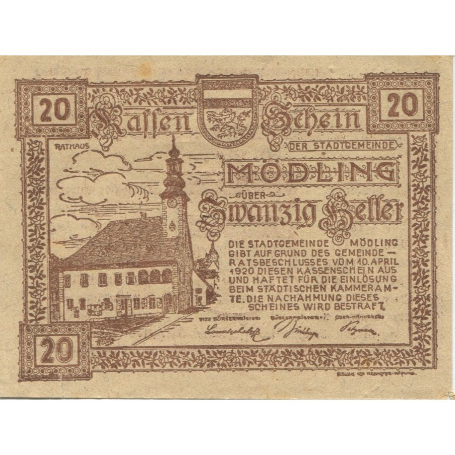 Billet, Autriche, Mödling, 20 Heller, Eglise 1920-08-31, SPL Mehl:FS 623.07