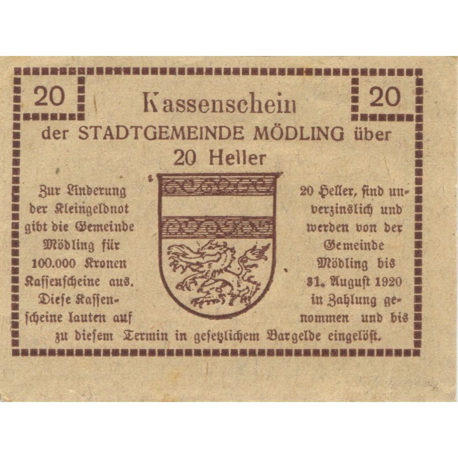 Billet, Autriche, Mödling, 20 Heller, Eglise 1920-08-31, SPL Mehl:FS 623.07
