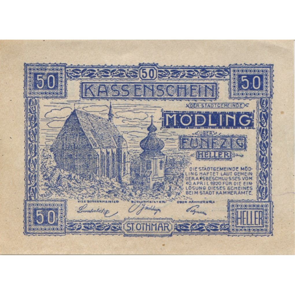 Billet, Autriche, Mödling, 50 Heller, Eglise 1920-08-31, SPL Mehl:FS 623.07