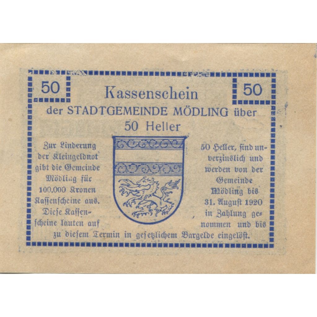 Billet, Autriche, Mödling, 50 Heller, Eglise 1920-08-31, SPL Mehl:FS 623.07