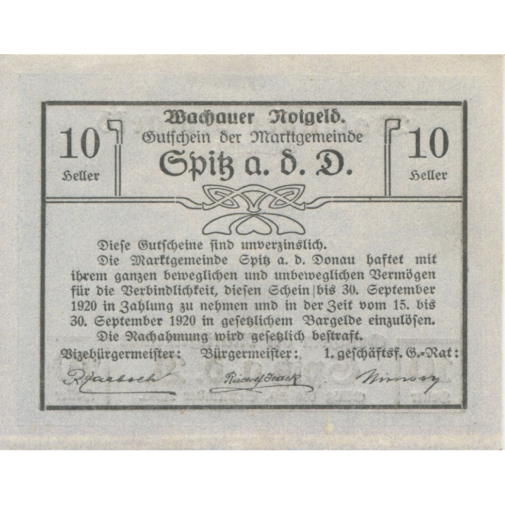 Geldschein, Österreich, Spitz, 10 Heller, château 1920-09-30, VZ+ Mehl:FS 1122