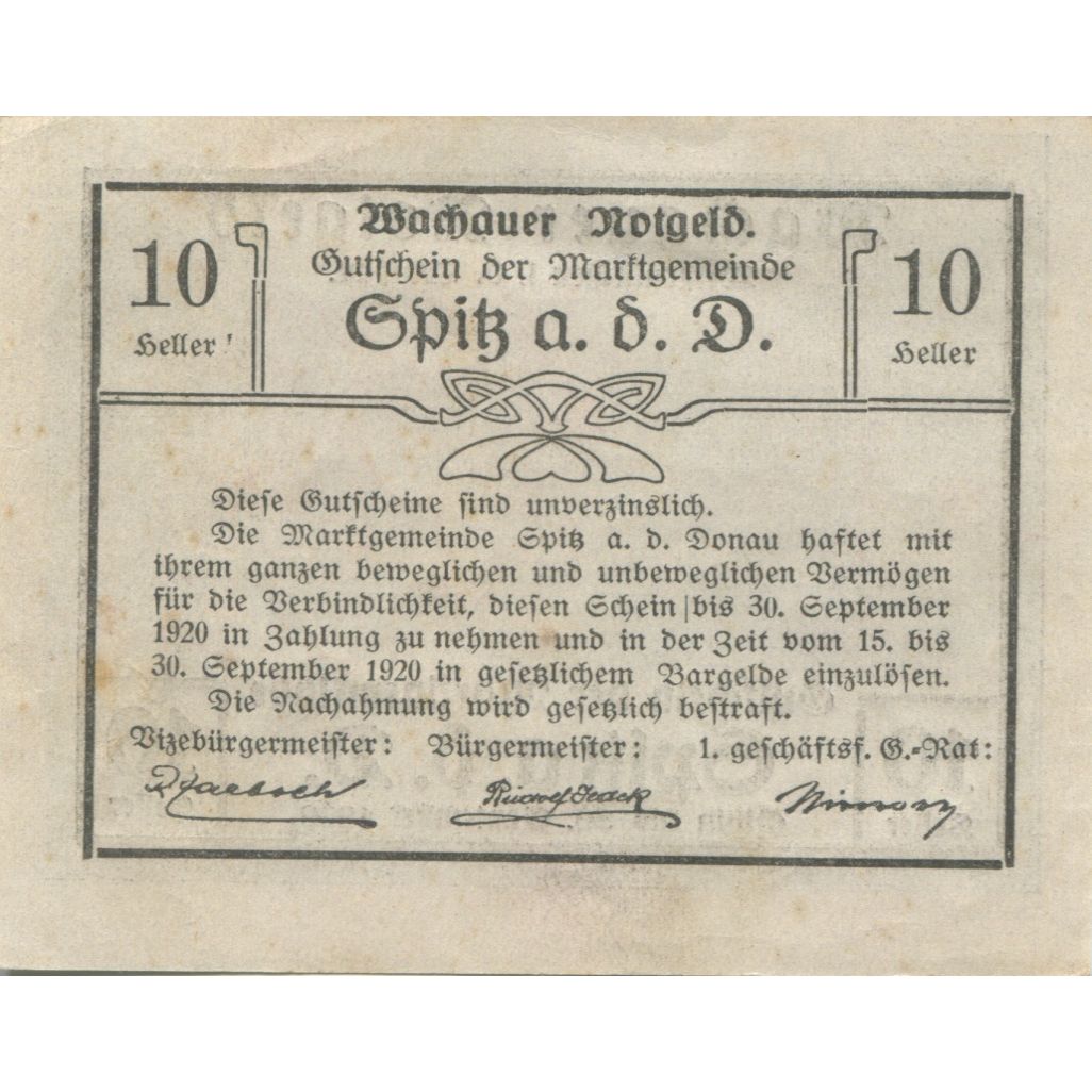 Geldschein, Österreich, Spitz, 10 Heller, paysage 1920-09-30, VZ Mehl:FS 1122