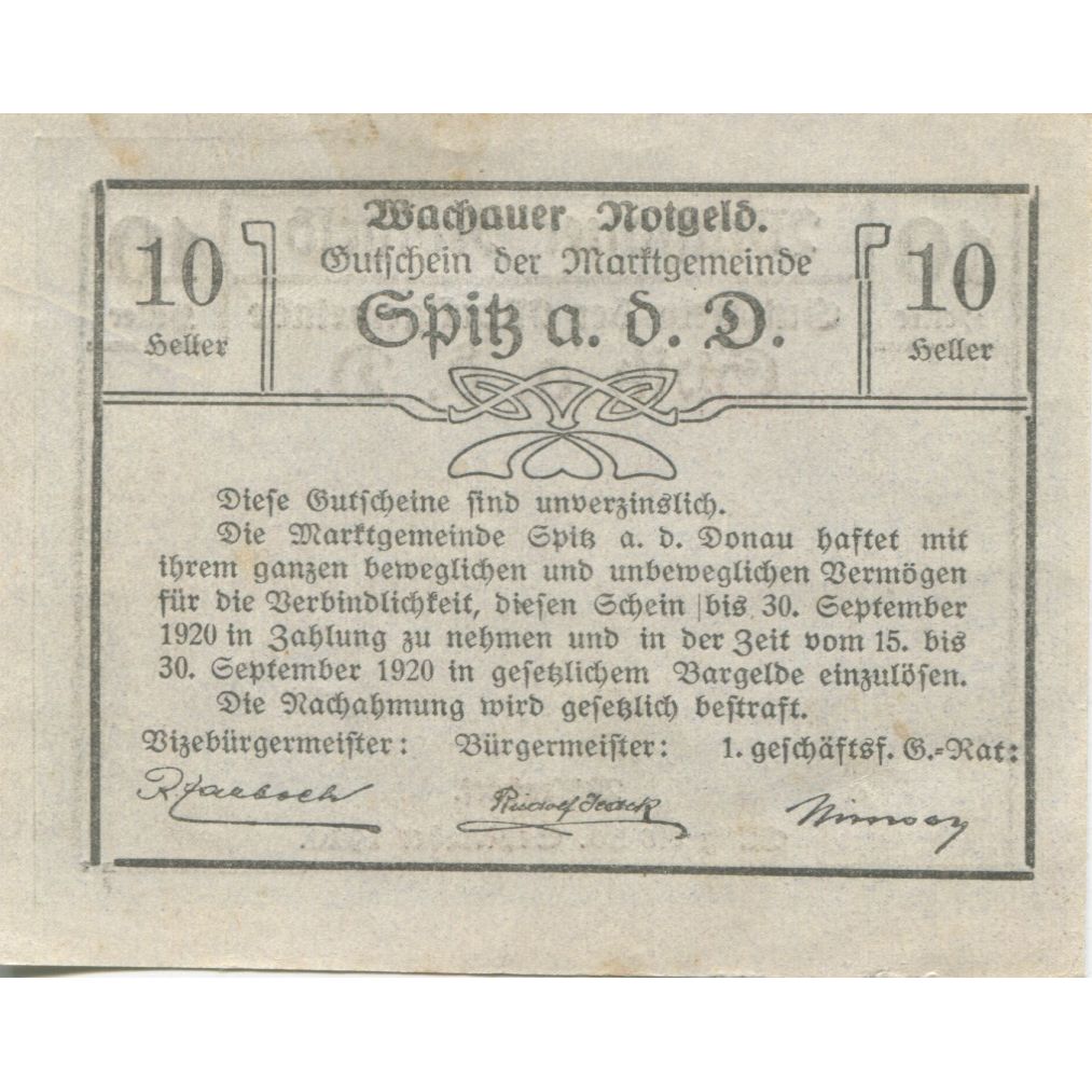 Banknote, Austria, Spitz, 10 Heller, village 1920-09-30, AU(55-58) Mehl:FS 1122
