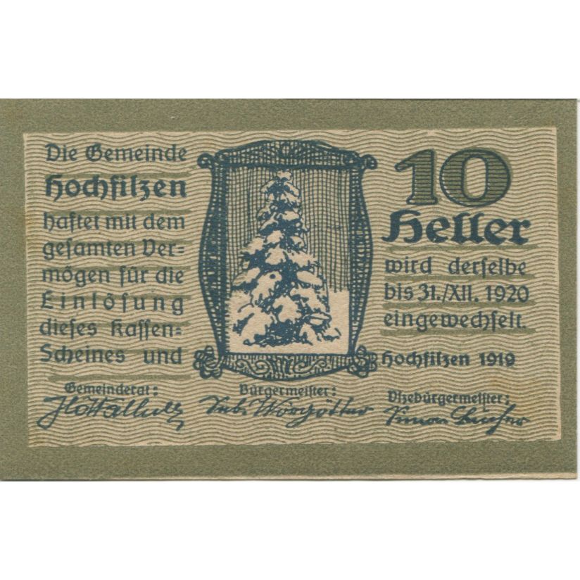 Geldschein, Deutschland, Hochfilzen, 10 Heller, sapin, 1920 VZ Mehl:FS 382a