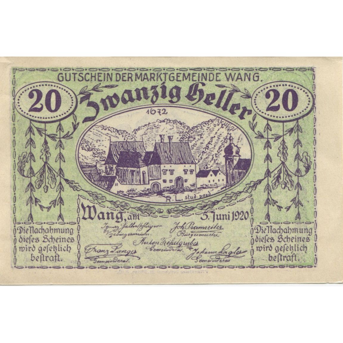 Banknote, Austria, Wang, 20 Heller, village 1920-06-05, UNC(63), Mehl:FS 36a