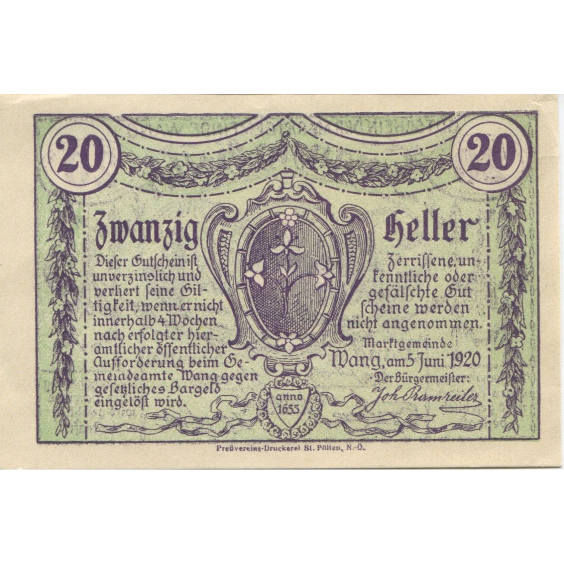 Banknote, Austria, Wang, 20 Heller, village 1920-06-05, UNC(63), Mehl:FS 36a
