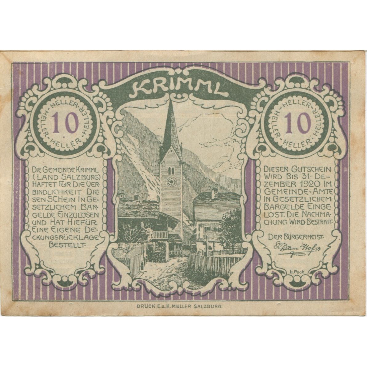 Banknote, Austria, Krimml, 10 Heller, Eglise, 1920 AU(50-53) Mehl:FS 483c
