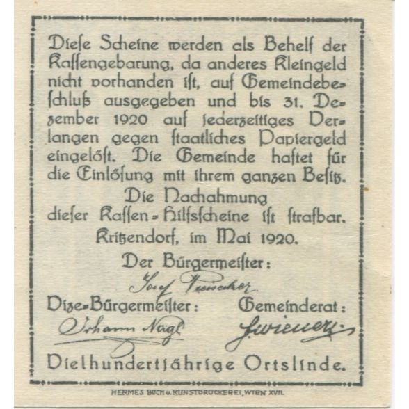 Geldschein, Österreich, Kritzendorf, 10 Heller, parc 1920 UNZ- Mehl:FS 484a