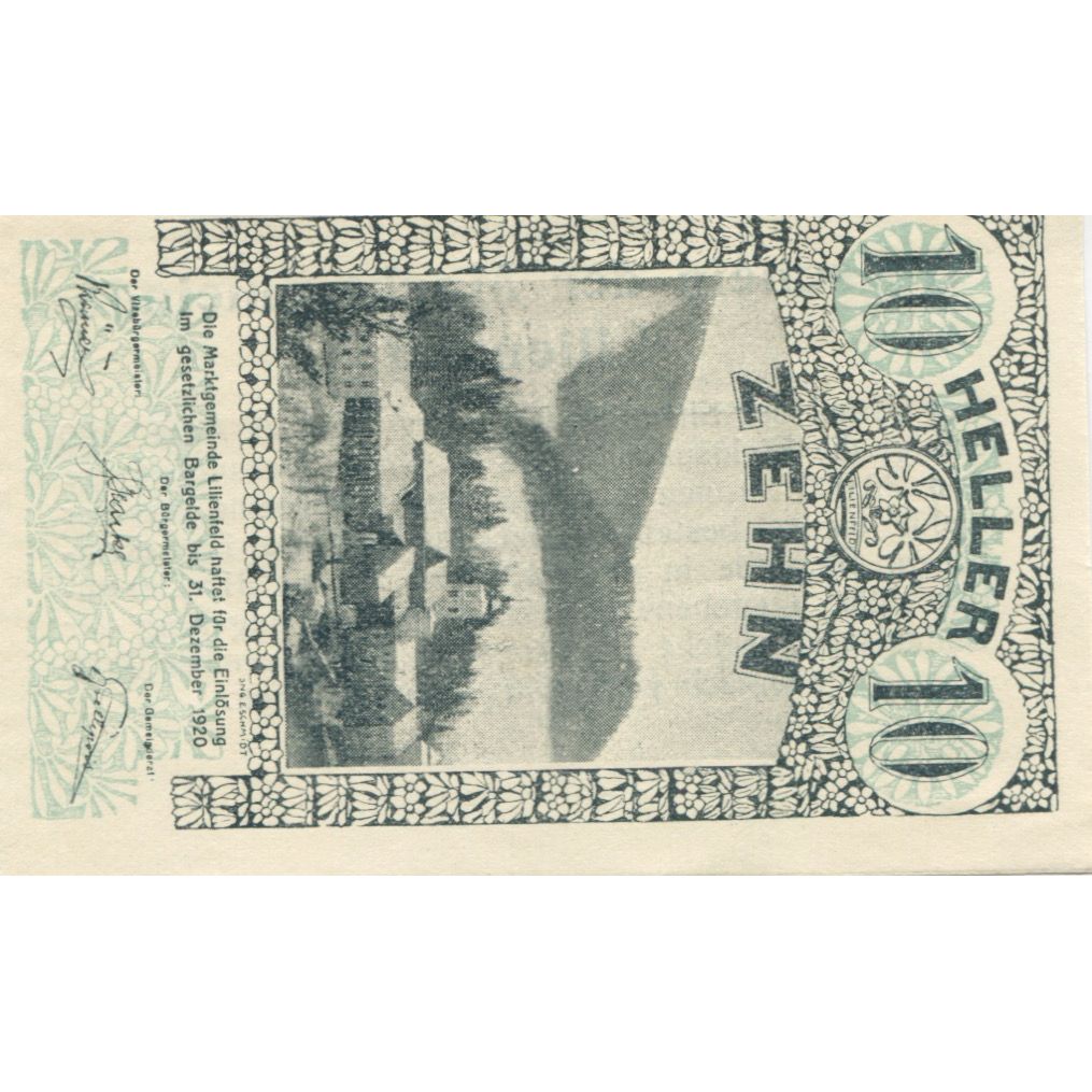 Banknote, Austria, Lilienfeld, 10 Heller, montagne, 1920 UNC(63) Mehl:FS 523a