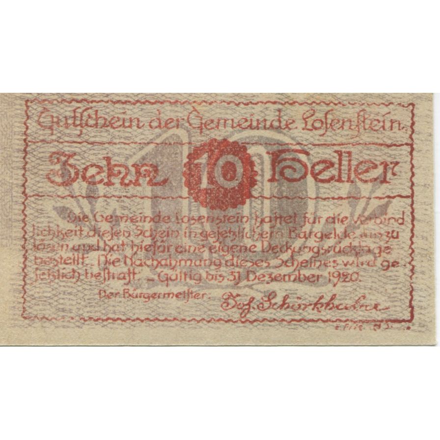 Banknote, Austria, Losenstein, 10 Heller, château, 1920 UNC(63) Mehl:FS 566IVa