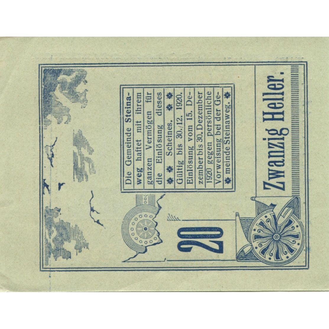Biljet, Oostenrijk, Steinaweg, 20 Heller, Eglise 1920-12-30, SPL, Mehl:FS 1023