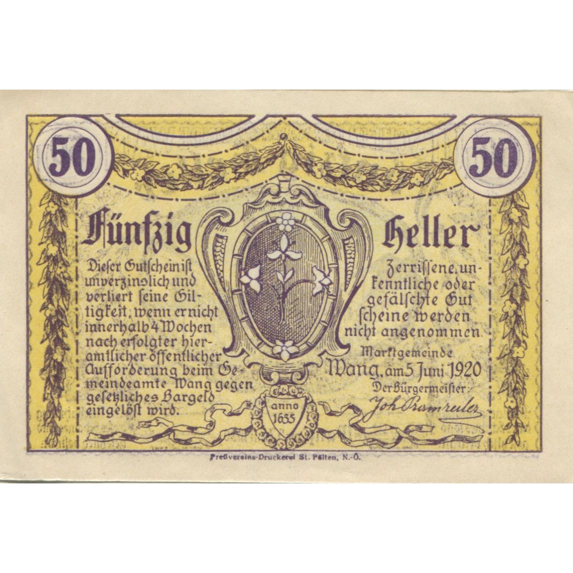 Banknote, Austria, Wang, 50 Heller, Blason 1920-12-31, UNC(63), Mehl:FS 36a