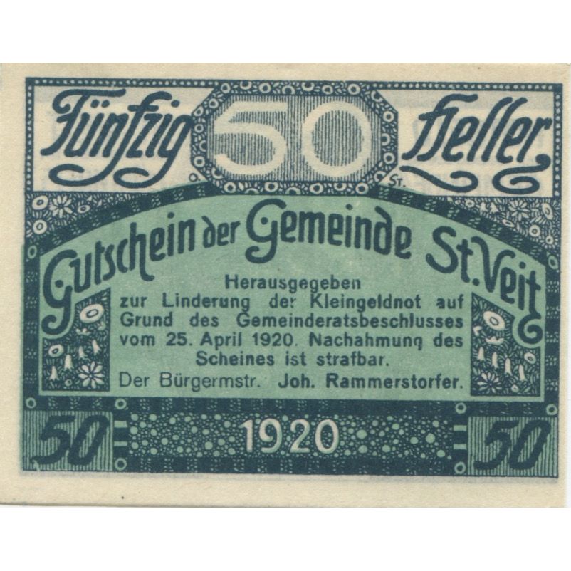 Biljet, Oostenrijk, St Veit, 50 Heller, rue, 1920, 1920-12-31, SPL, Mehl:FS 944b