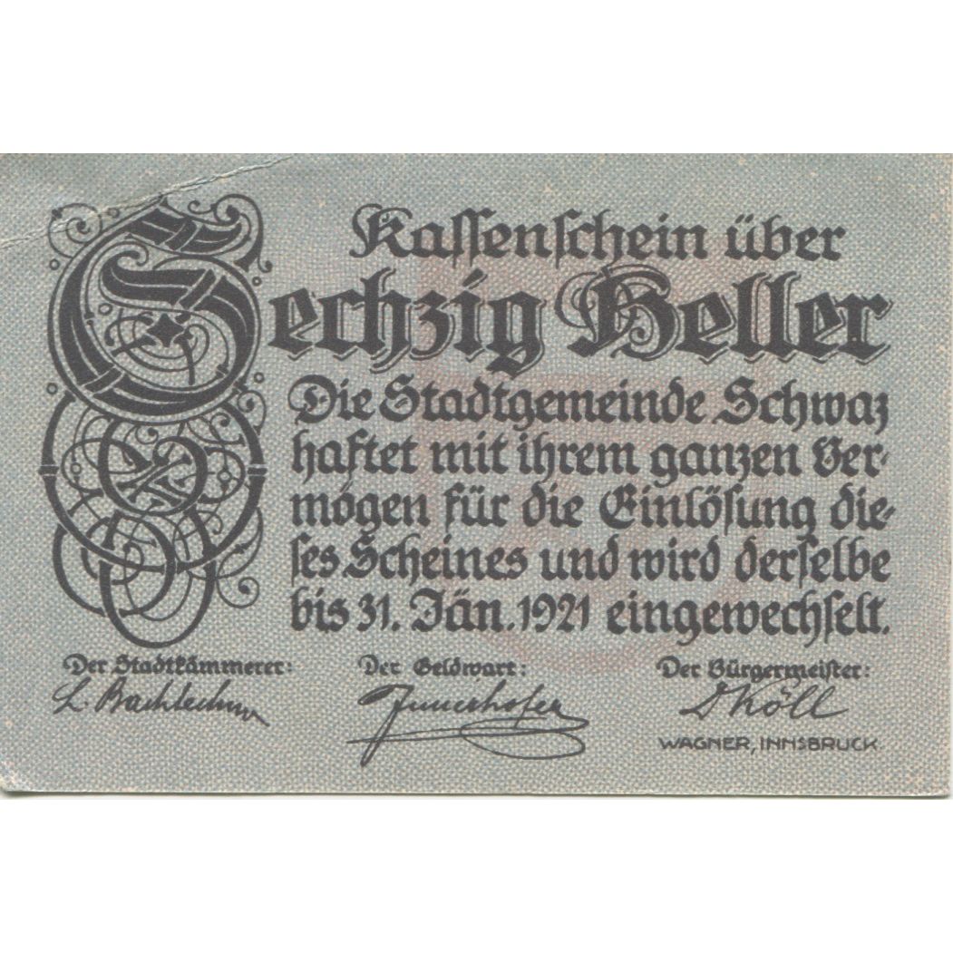 Banknote, Austria, Schwaz, 60 Heller, aigle, 1920-12-31, UNC(63), Mehl:FS 983a
