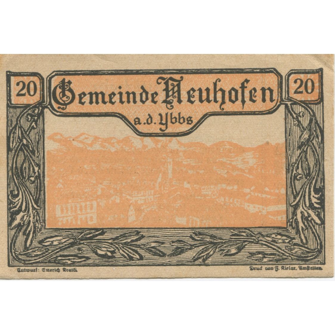 Banknote, Austria, Neuhofen, 20 Heller, paysage, 1920 UNC(63) Mehl:FS 650a