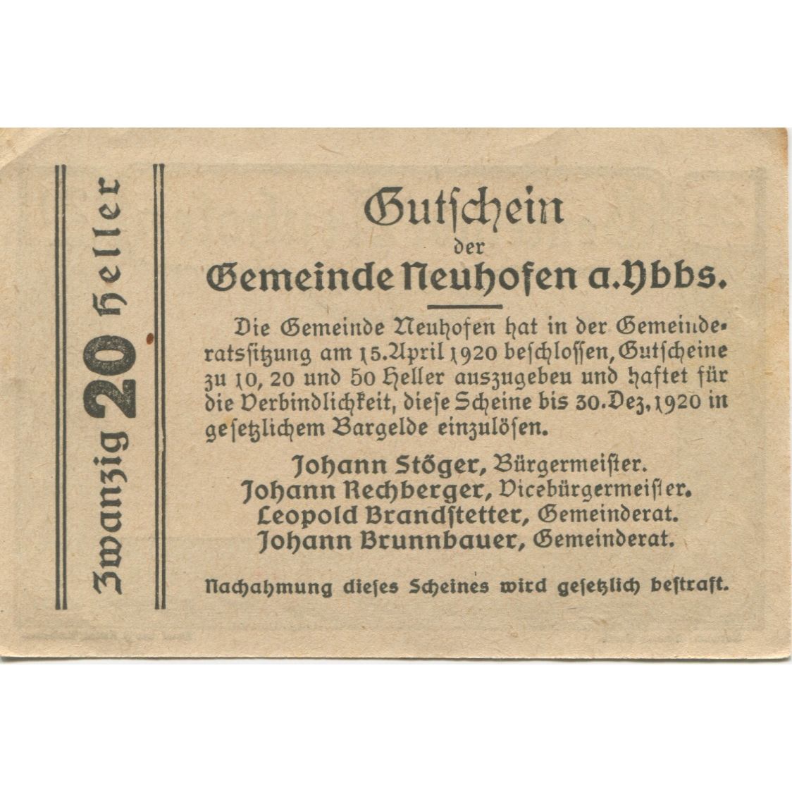 Banknote, Austria, Neuhofen, 20 Heller, paysage, 1920 UNC(63) Mehl:FS 650a